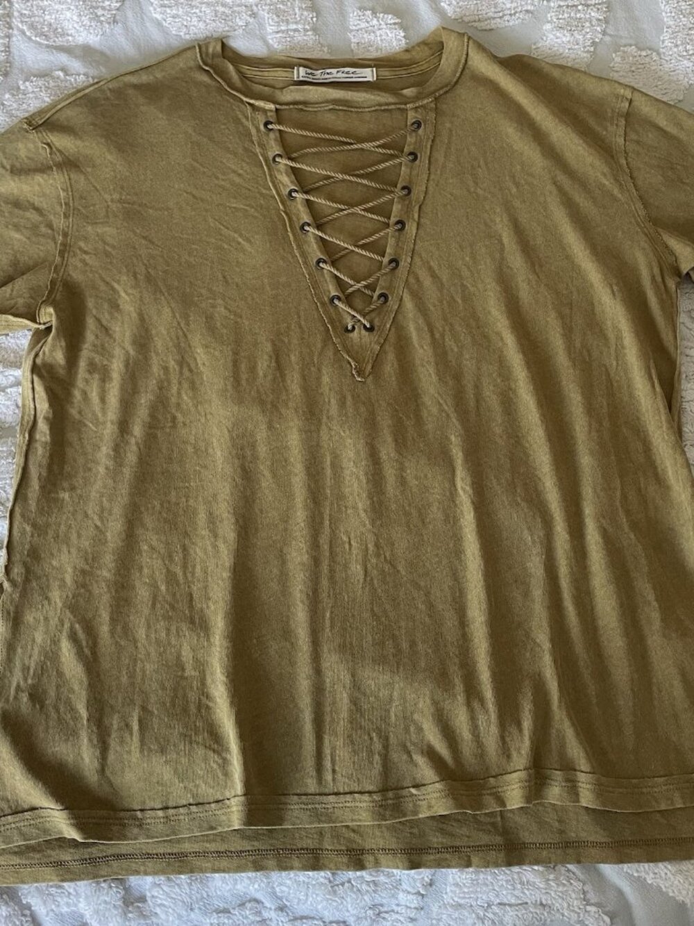 We The Free XS Olive Green Mineral Wash Lace Up T-Shirt Short Sleeve Top Comfy